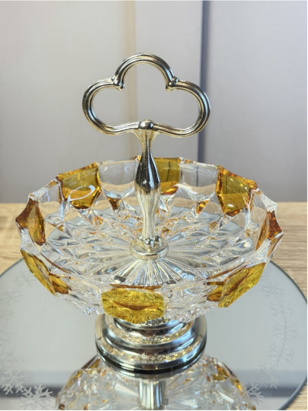 Small Vintage German Clear Yellow Crystal Serving Plate Hollywood Regency